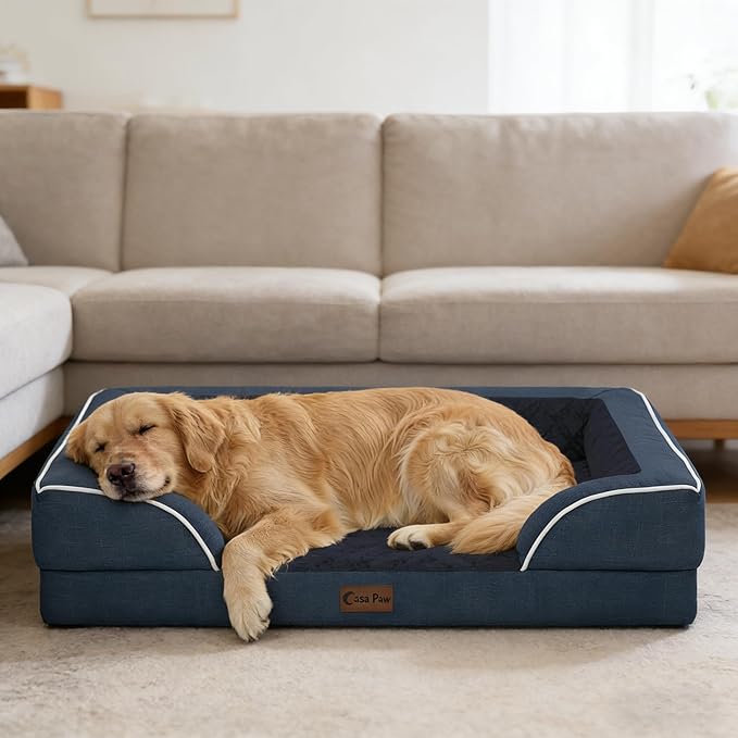 Casa Paw Orthopedic XXL Dog Beds, Waterproof Memory Foam Big Pet Bed for Extra Large Sized Dogs 53x42Inch, Non-Slip Bottom and Egg-Crate Foam Dog Couch Bed with Washable Removable Cover, Navy Blue