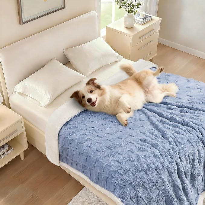 Luciphia Waterproof Dog Blanket for Small Dogs Washable Soft Sherpa Fleece Cat Blankets with 3D Jacquard Cozy Calming Reversible Couch Protector Furniture Protection for Pet, Blue White, 40x28 inch