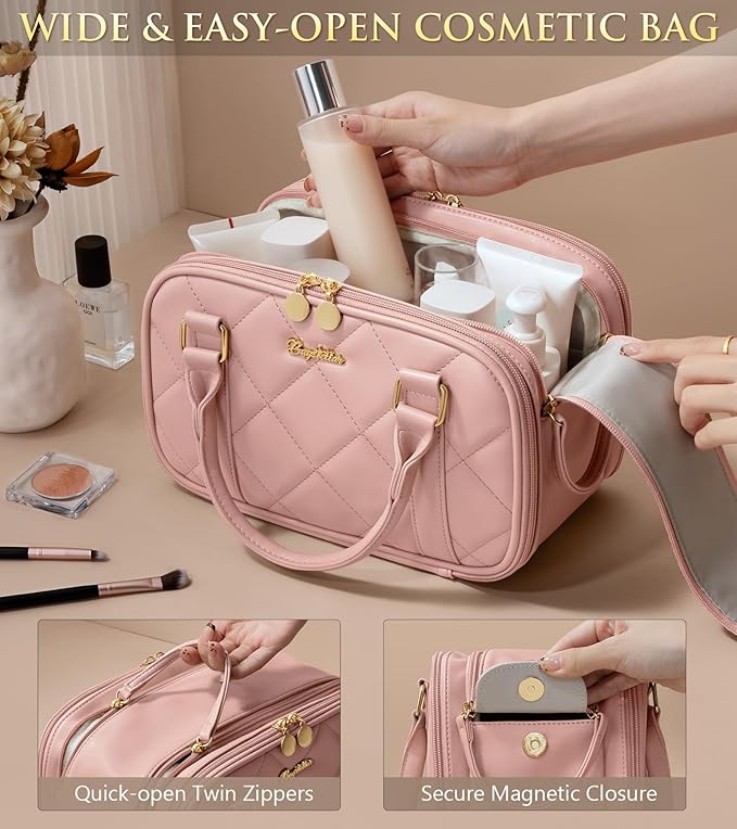 Bagstellar Travel Makeup Bag, Large Capacity Quilted Toiletry Bags for Women, Wide-open Cosmetic Bags Make Up Case Organizer Portable Pouch with Handle & Brush Holder for Traveling Accessories, Pink