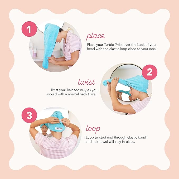 Turbie Twist 2-Pack Microfiber Hair Towel for Beauty, Travel, Gifting - Wrap Turban for Straight, Wavy & Curly Hair - Premium Personal Care - Antique White & Moonbeam