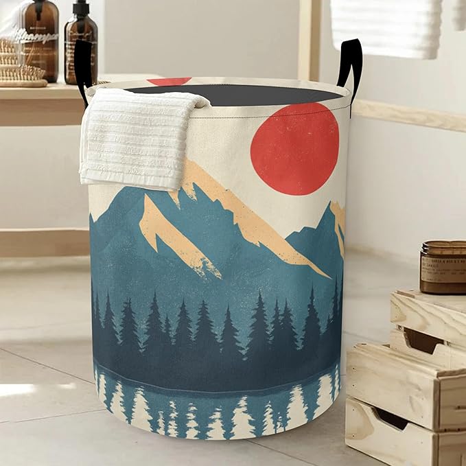 Laundry Basket,Boho Mountains Sun Large Canvas Fabric Lightweight Storage Hamper Organizer Dirty Clothes Collapsible Waterproof for College Dorms,Bathroom