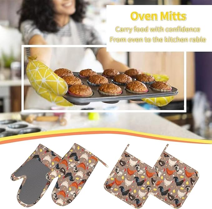 Chicken Oven Mitts and Pot Holders with Apron Set of 5 Silicone Breeds of Chicken Kitchen Mitts and Non-Slip Potholders Apron Set Heat Resistant Funny Rooster Hen Chicken Oven Gloves Hot Pads