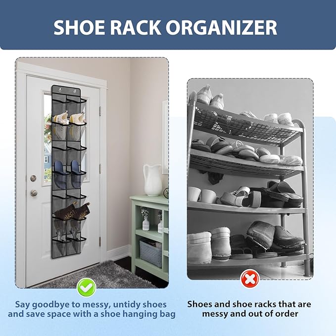 Makryebi Door Shoe Organizer with 14 Mesh Pockets, 59”H x 11.8”W inches, Clear Storage Pockets, 2 Pack,Grey