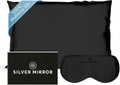 Silver Mirror Silk Sleep Essentials Set in Black: Pillowcase and Eye Mask, 25" x 19.5" Fits Standard Queen Pillow, 22mm 6A Grade, for Gentle Sleep, Anti-Breakage, Tangles, Creases, and Wrinkles