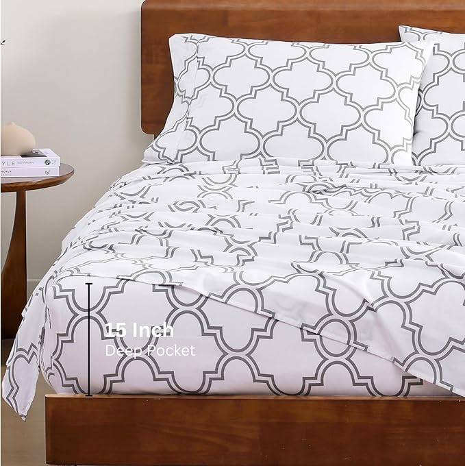 LANE LINEN 100% Organic Cotton Full Sheets Set Fully Elasticized Naturally Temperature Regulating Mercerized Cotton Printed Full Bedding & Pillowcases Set - Trellis