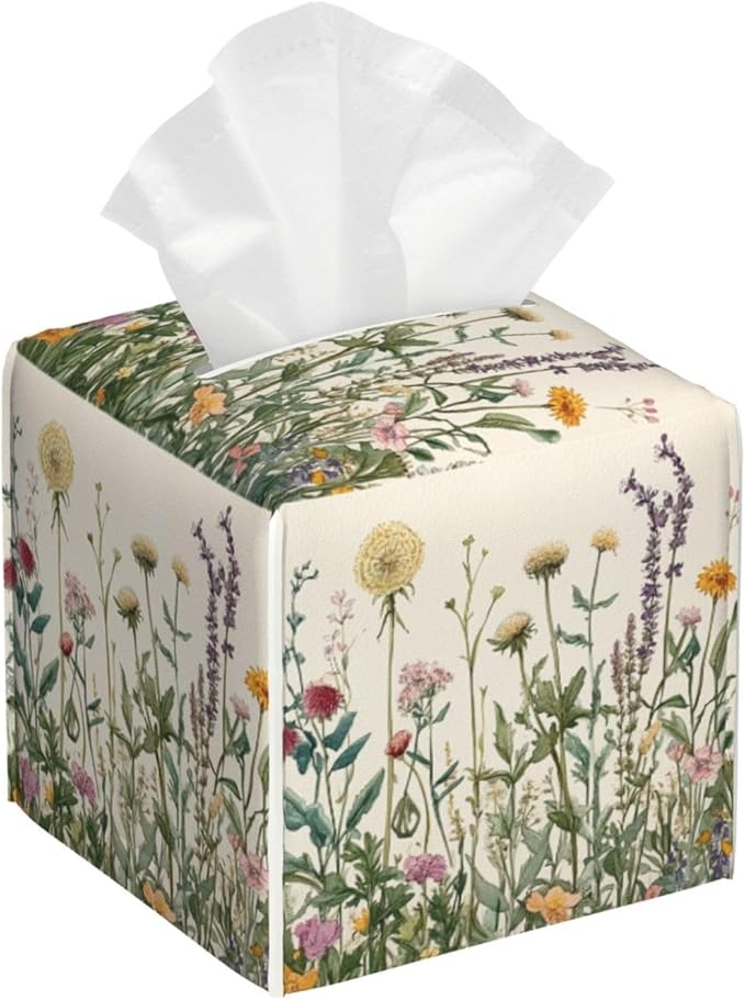 Vintage Dandelion Herbs Tissue Box Cover Spring Summer Wild Flowers Florals Square Leather Tissue Holder Decorative Facial Tissue Cube Paper Cover Case Organizer for Bathroom Night Stands Desk Home