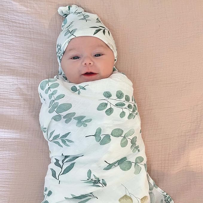 LifeTree Muslin Swaddle Blankets, 2 Pack Baby Swaddling Receiving Blanket for Boys & Girls, 70% Viscose from Bamboo & 30% Cotton, Large 47" X 47" Eucalyptus Leaves/Sage
