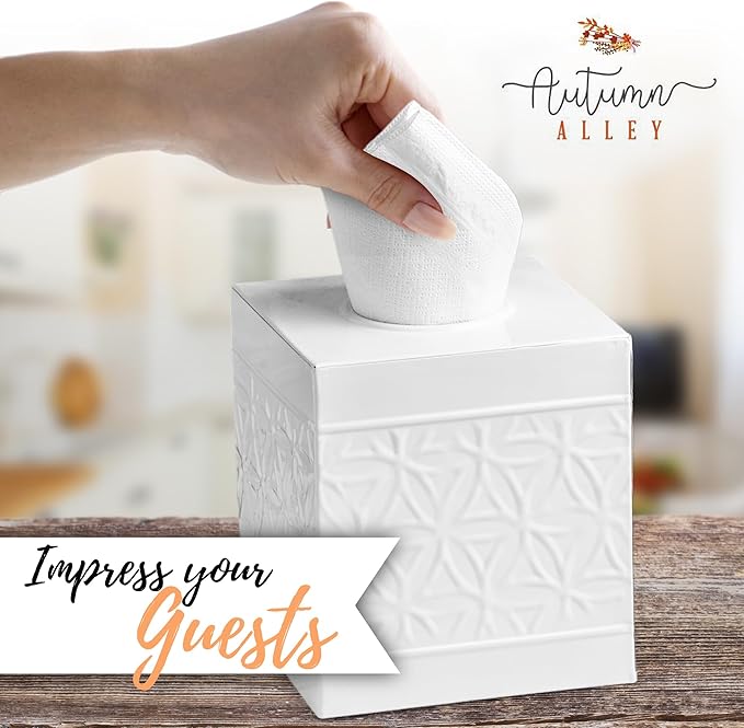 Autumn Alley White Tissue Box Cover Square, Bathroom Accessories, Decorative Tissue Holders for Bathrooms, Bedroom, Kitchen with Embossed Pattern Tissue Holders Decorative, Modern, White