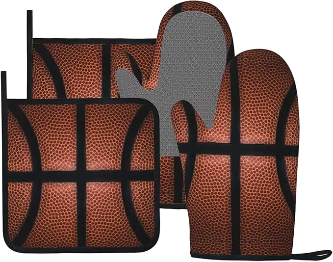 Basketball Oven Mitts and Pot Holders Set of 4 Silicone Basketball Spot Leather Texture Sport Kitchen Mitten Gloves and Sports Theme Potholders Set Oven Gloves Hot Holders for Kitchen