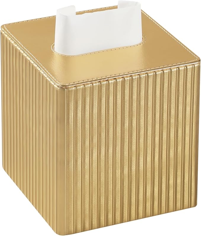 MEIBOOCH PU Leather Tissue Box Cover Square, Rectangle Tissue Box Holder with Magnetic Closure, Decorative Tissue Holder for Bathroom Bedroom Office (Gold, Square)
