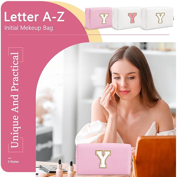 Personalized Initial A-Z Preppy Patch Makeup Bag,Small PU Chenille Letter Cosmetic Bag with Zipper for Teen Girls,Pink Cute Toiletry Organizer Bag,Monogram Makeup Case Gift for Women Girls,Letter Y