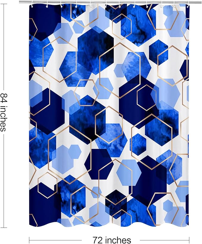 Litabel Modern Extra Long Shower Curtain for Bathroom, Royal Blue Geometric Art Decor Waterproof Bath Curtain, Abstract Fabric Shower Curtain Sets for Home Decor, 72x84 Inch