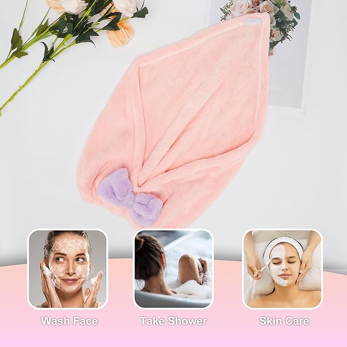VOCOSTE 2pcs Hair Drying Towels, Triangular Hair Towel Wrap for Women, Absorbent Hair Turban Towel, Bow Hair Drying Cap for Straight Short Hair, Pink