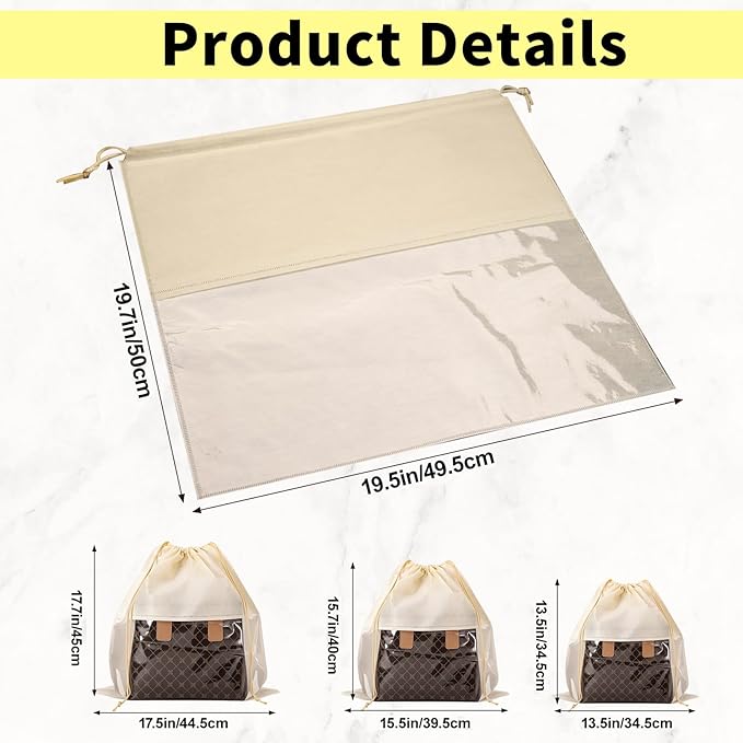 Bgtecho 12 Pcs Shoe Bags for Travel, Dust Bags for Handbags, Dustproof Drawstring Bags in 4 Size, Breathable Non Woven Fabric Storage Bag for Handbags Shoes Purses, Beige