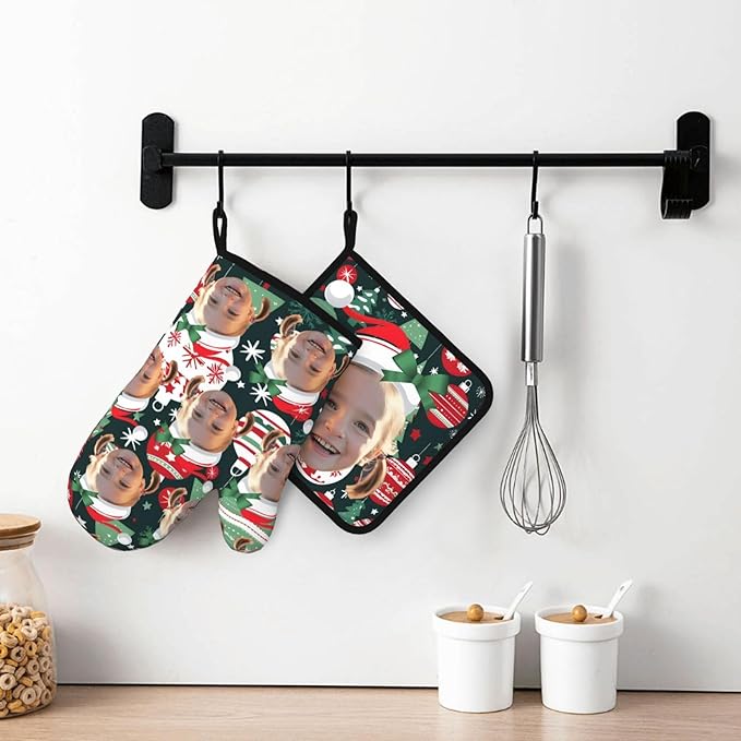 Custom Your Christmas Oven Mitts and Potholder Silicone Glove Heat Resistant, Kitchen Gloves for Cooking, 2-Piece Set