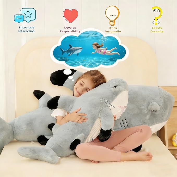 Tezituor 32inches Shark Stuffed Animals, 2.6ft Large Gray Stuffed Shark Plush Body Pillow for Girls Boys, Realistic Ocean Plush Toy Birthday Valentine's Day Decora Gift for Adults