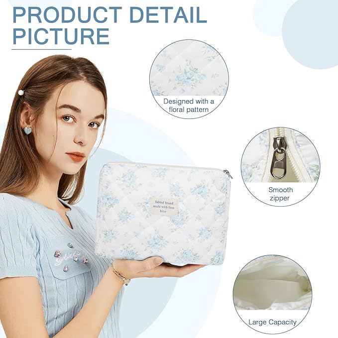 Gosect 2PC Makeup Bag Set, Cute Cosmetic Bag for Women Girls, Floral Coquette Aesthetic Toiletry Bag, Travel Make Up Organizer Bag (Blue Rose)
