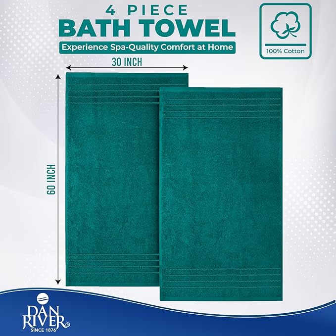 DAN River Extra Large Bath Towels Set of 4, 30 x 60 Inches - 100% Cotton Larger & Lighter Weight Towels for Bathroom - Quicker to Dry, Super Soft & Highly Absorbent Towels for Home, Teal