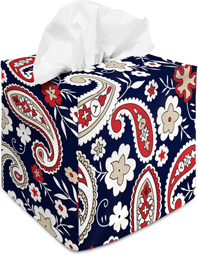 Tissue Box Cover Square Decorative Tissue Box Holder Cute Funny Cube Tissue Case Cover-Paisley Floral Tissue Box Cover
