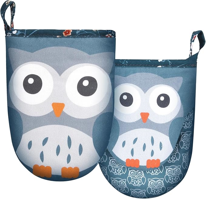 Mini Oven Mitts Cute,Silicone Oven Mitts Heat Resistant 500℉ with Non-Slip Grip and Soft Quilted Cotton Lining for Kitchen Cooking and Baking. Machine Washable-Owls Blue