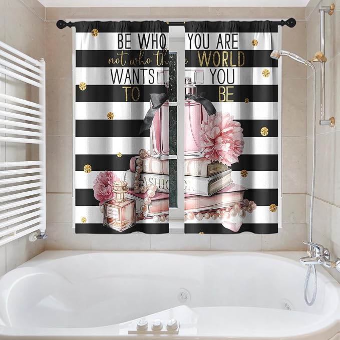 Culudea Pink Fashion Inspirational Quotes Perfume Shower Curtain Set, Floral Woman Girl Bathroom Window Waterproof Shower Curtain Set for Bathroom Decor