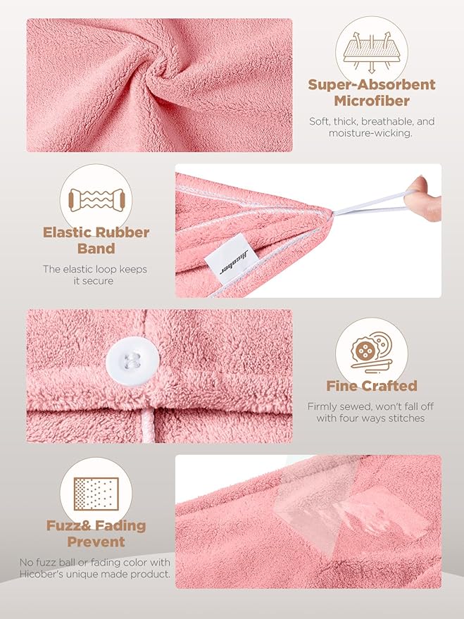 Hicober Microfiber Hair Towel, 3 Packs Hair Turbans for Wet Hair, Drying Hair Wrap Towels for Curly Hair Women Anti Frizz (Pink,Blue,Green)