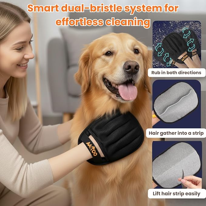 AAROO 2pcs Pet Hair Removal Glove for Cats & Dogs – Reusable Magic Brush – Five-Finger Electrostatic Pet Hair Remover Glove for Laundry, Couch, Carpet & Car Seat