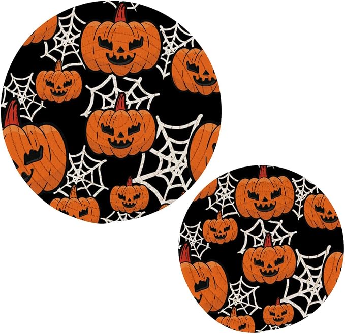 Boccsty Halloween Spider Web Pumpkins Trivet Mat 2PCS Trick Or Treat Round Woven Potholders Kitchen Table Countertop Protector Hot Pads Farmhouse Coasters Counter Mats for Cooking Baking
