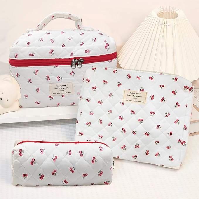 Cozomga Quilted Makeup Bag, Large Capacity Travel Cosmetic Bag for Women and Girls, Aesthetic Storage for Daily and Travel Use (3pcs-Cherry)