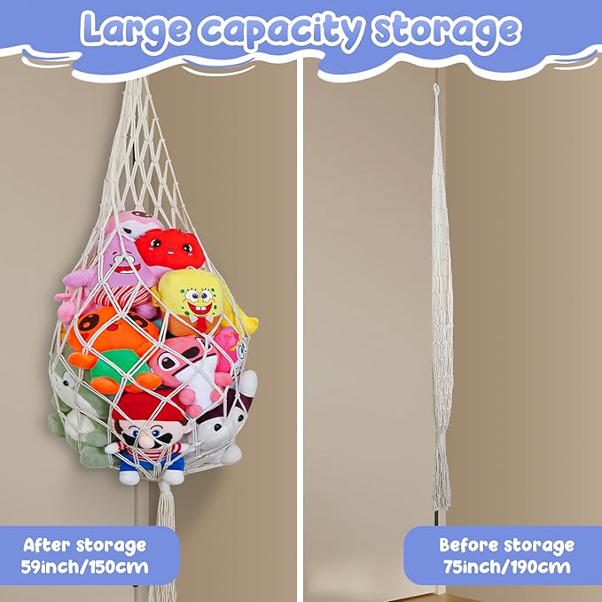 Stuffed Animal Storage Organizers - Toy Net or Hammock Corner for Plush Animal Organizer Suitable as Plush Toy Holder Wall, Kid Bedroom Decor, Boho Nursery Playroom Organizer, Stuffed Animal Holder