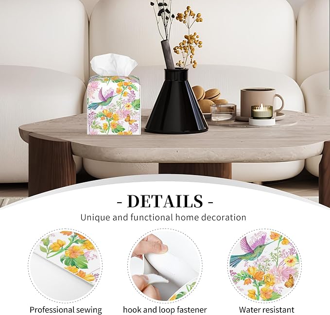 POIUBLE Tissue Box Holder Hummingbird and Flower Tissue Box Cover Butterfly Square Leather Tissue Holder Organizer Portable Decorative Facial Paper Case for Home Office Bathroom Vanity Countertop