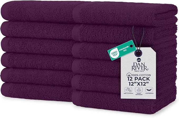 DAN RIVER 12 Pack Wash Cloths for Showering [12x12] - 100% Cotton Washcloths Premium Quality Flannel Face Cloths for Bathroom, Highly Absorbent and Soft Feel Wash Clothes, Purple Passion