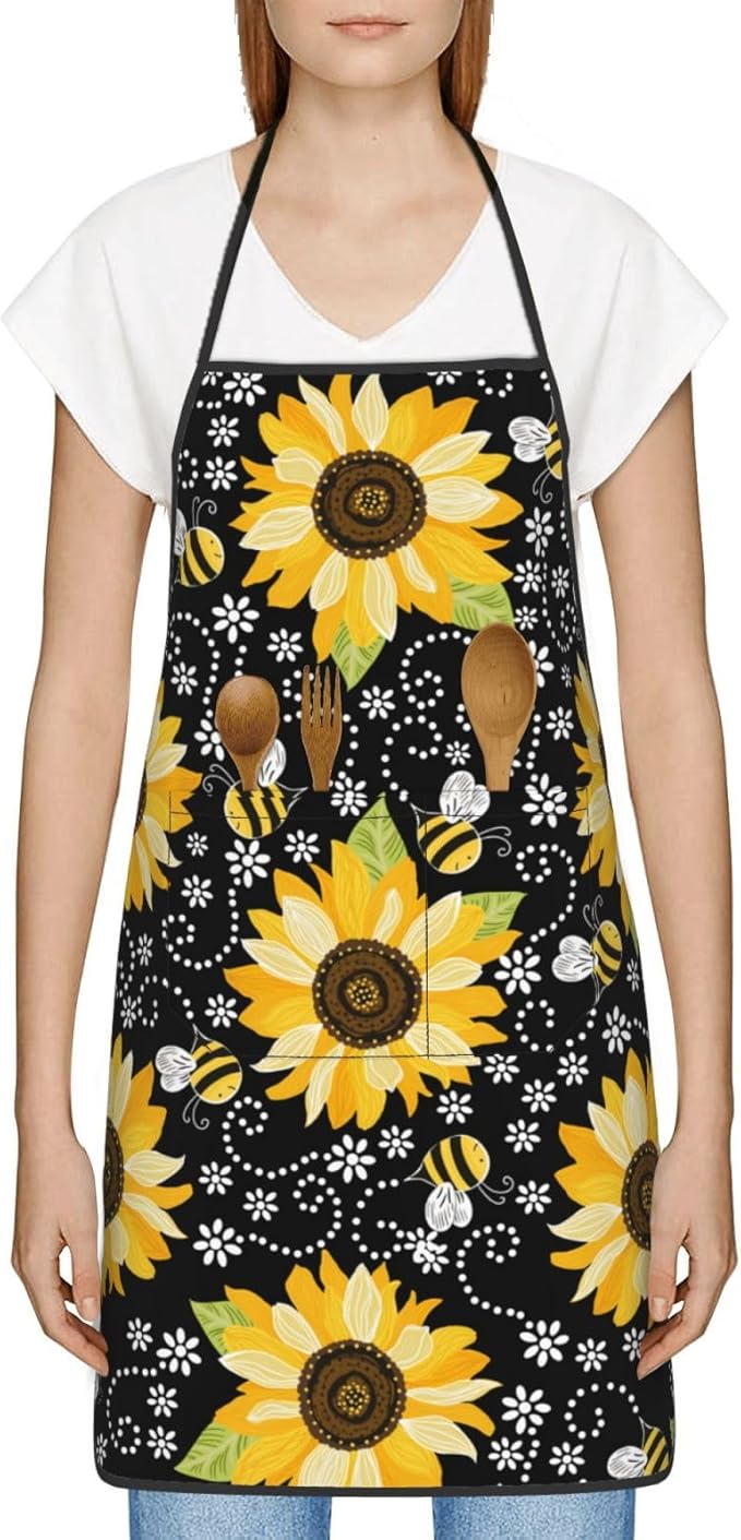 Sunflower Bees Oven Mitts and Pot Holders with Apron Set of 5 Silicone Sunflowers Kitchen Mitten Gloves and Non-Slip Potholders Cooking Apron Set Heat Resistant Oven Gloves Hot Pads for BBQ