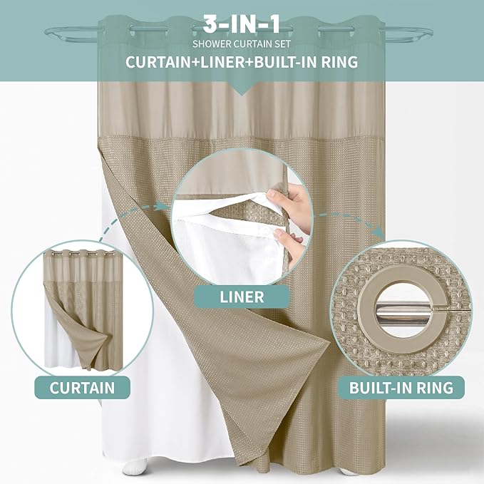 eachope Khaki No Hook Waffle Weave Shower Curtain with snap-in Liner Replacement, 230GSM Waterproof Fabric Hotel Shower Curtain Set for Bathroom, Through Mesh Top Window,71Wx86H