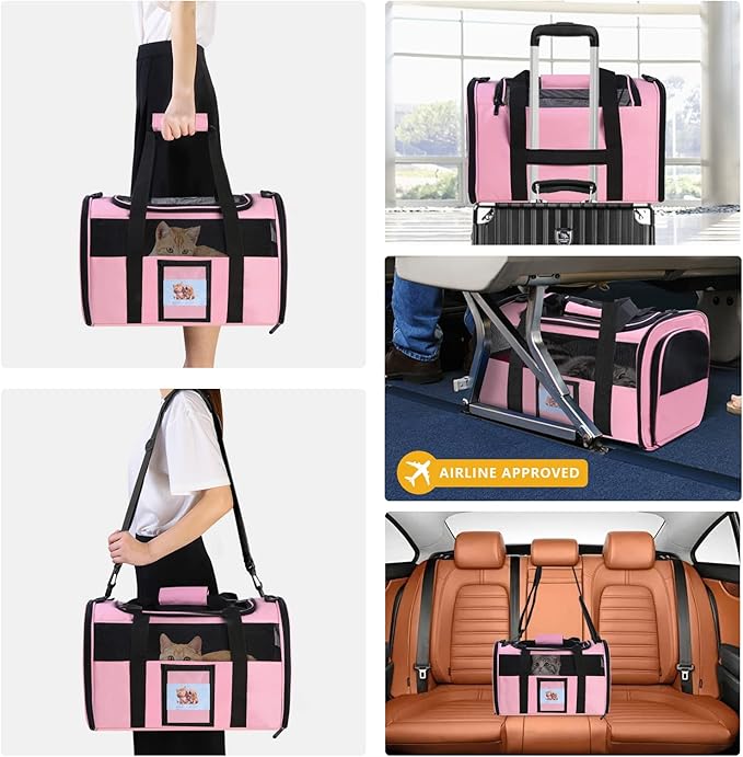 Seclato Cat Carrier Pet Carriers Airline Approved for Small Dogs Kitten Carriers for Small Medium Cats Under 15lb, Collapsible Soft Sided TSA Approved Travel Carrier, Pink