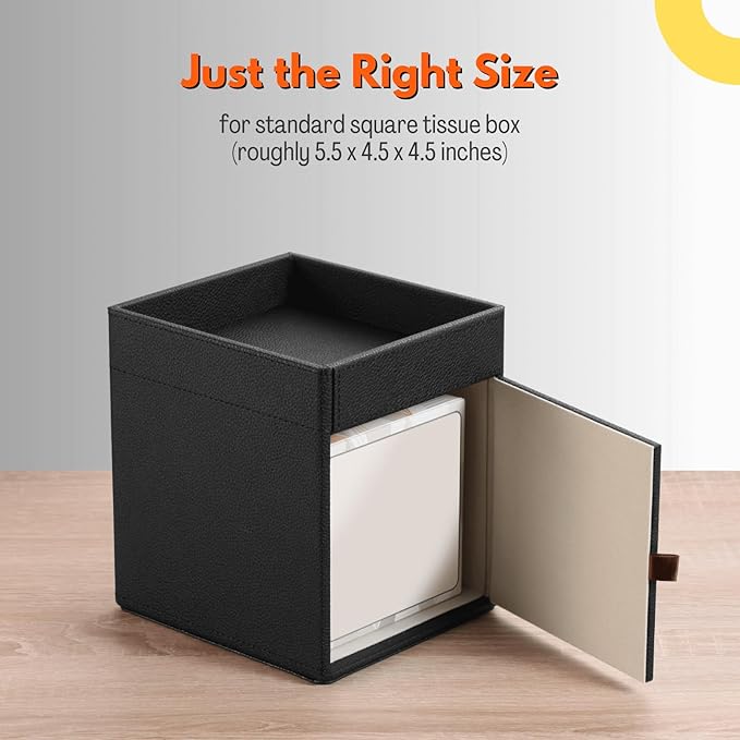 LAMOTI Leather Tissue Box Cover with Storage Tray, Square Facial Tissue Box Holder for Bathroom, Office Table, Countertop, Night Stand & More (Black)