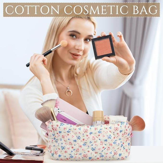 Paterr 10 Pcs Quilted Makeup Bag Bulk Cotton Floral Cosmetic Bag Women Girls Bridesmaid Gifts Cute Makeup Pouch Coquette Aesthetic Travel Toiletry Organizer(Pink Floral,7.87 x 4.72 x 3.15 Inches)