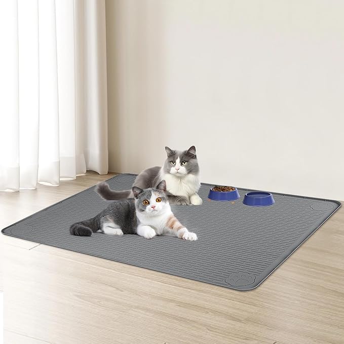 Bartuke Cat Food Mat, 34" x 22" Large Silicone Pet Feeding Mat for Food and Water Bowls Non-Slip, Easy to Clean (Dark Grey)