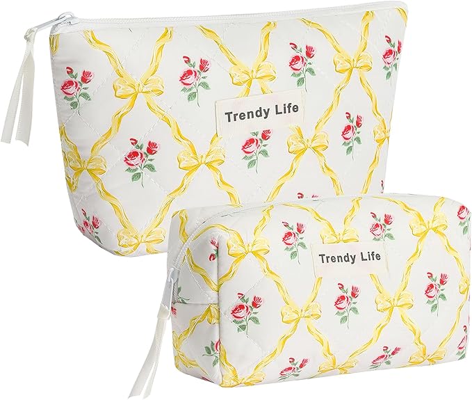 HAOGUAGUA 2 Pieces Makeup Bag, Small Large Quilted Cosmetic Bag, Travel Floral Make Up Toiletry Organizer Bag for Women Girls (2PCS STYLE A-6)