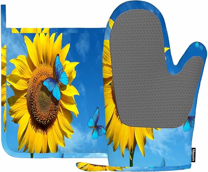 Mxocom Yellow Sunflowers Silicone Oven Mitts and Pot Holders Sets Blooming Sunflowers in Blue Sky Beautiful Blue Butterflies Flying BBQ Gloves for Kitchen,Cooking,Baking,Grilling