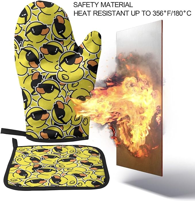 Funny Rubber Duck with Sunglasses Oven Mitts and Pot Holders Insulated Gloves & Kitchen Counter Safe Mats for Cooking BBQ Baking Grilling (2-Piece Set)