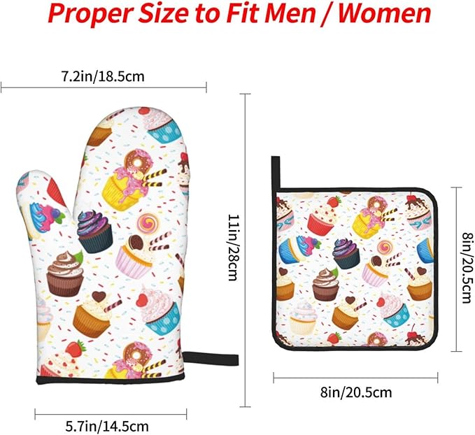 Cupcake Yummy Dessert Oven Mitts and Pot Holders Set of 4, Oven Mittens and Potholders Heat Resistant Gloves for Kitchen Cooking Baking Grilling BBQ