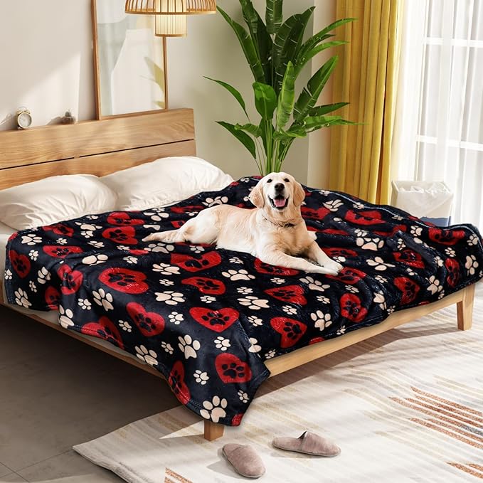 Gowyeg Dog Blankets for Large Dogs, 80"x60" Blanket Washable, Fuzzy Soft Pet Mat Throw Cover for Kennel Crate Bed, Cute Paw Pattern, Cat Blanket, Gifts Medium Small Pet Essentials, Black Red
