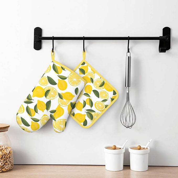 Oven Mitts and Potholders Watercolor Lemon Leaf Silicone Glove Heat Resistant, Kitchen Gloves for Cooking, 2-Piece Set