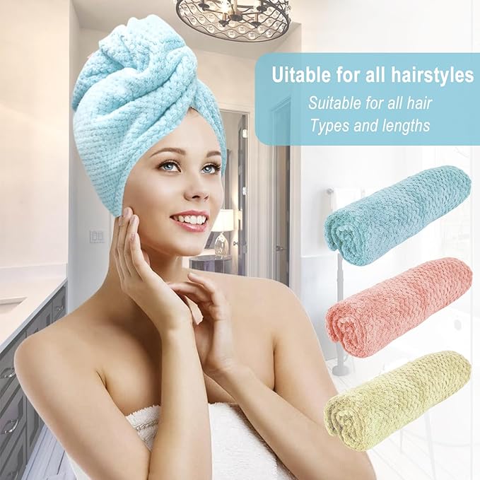 YHPDYL 3 Pack Microfiber Hair Dring Towel Wrap for Women,Fast Drying Hair Turban, for All Hair Style Anti Frizz, Large Hair Towel with Button(Yellow Orange Blue)