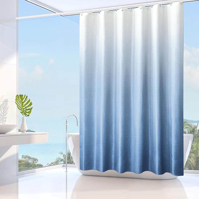 Gibelle Extra Long Shower Curtain 72 x 84, Tall Blue Ombre Shower Curtain for Bathroom, Waffle Weave Fabric Shower Curtain Set with Hooks, Water Repellent, Machine Washable