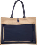 DISCOUNT PROMOS Custom Jute Tote Bags with Cotton Pocket Set of 1, Personalized Text logo and Picture - Reusable, Great for Picnic, Camping, Beach, Outdoor Activities - Navy Blue