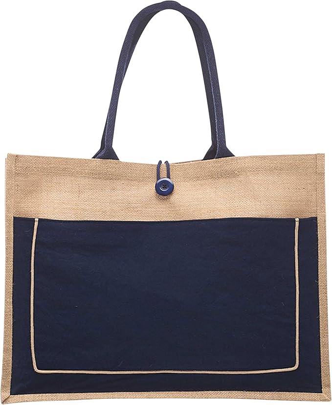 DISCOUNT PROMOS Custom Jute Tote Bags with Cotton Pocket Set of 1, Personalized Text logo and Picture - Reusable, Great for Picnic, Camping, Beach, Outdoor Activities - Navy Blue