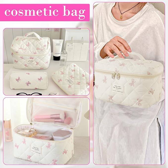 Quilted Makeup Bag, Large Capacity Travel Cosmetic Bag for Women and Girls, Aesthetic Storage for Daily and Travel Use (4pcs-pinkbow)