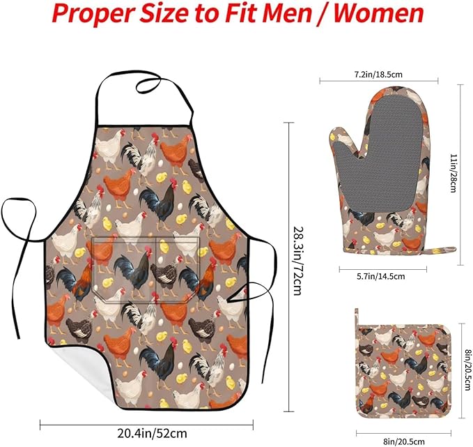 Chicken Oven Mitts and Pot Holders with Apron Set of 5 Silicone Breeds of Chicken Kitchen Mitts and Non-Slip Potholders Apron Set Heat Resistant Funny Rooster Hen Chicken Oven Gloves Hot Pads
